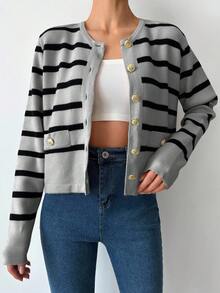 SHEIN Tall Striped Pattern Button Front Cardigan, Tall Women - Light Grey - View 3