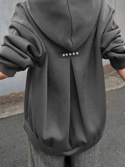 FRIFUL Women's Solid Color Hooded Drop Shoulder Long Sleeve Front Short Back Long Pleated Studded Decor Loose Casual Versatile Fleece Sweatshirt, Autumn/Winter