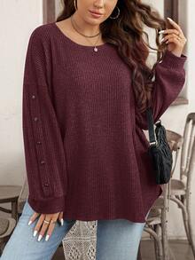 EMERY ROSE T-shirt à manches longues côtelé de couleur unie pour femmes grandes tailles - Rouge foncé - Voir 1