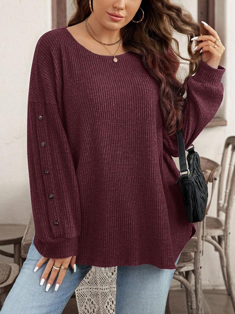 Plus Size Women Casual Solid Color Ribbed Long Sleeve T-Shirt Fall Sweater Fall Tops Women Women Sweater Sweater Tops Button Detail Sweater
