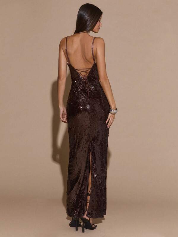 SHEIN BAE Autumn Coffee Brown Sequins Embellished Sleeveless Bodycon Dress, Suitable For Party, Events, Banquets, Cocktail Parties, Nights Out,Elegant Dresses For Party,Valentine's Day,Valentine Outfits For Women