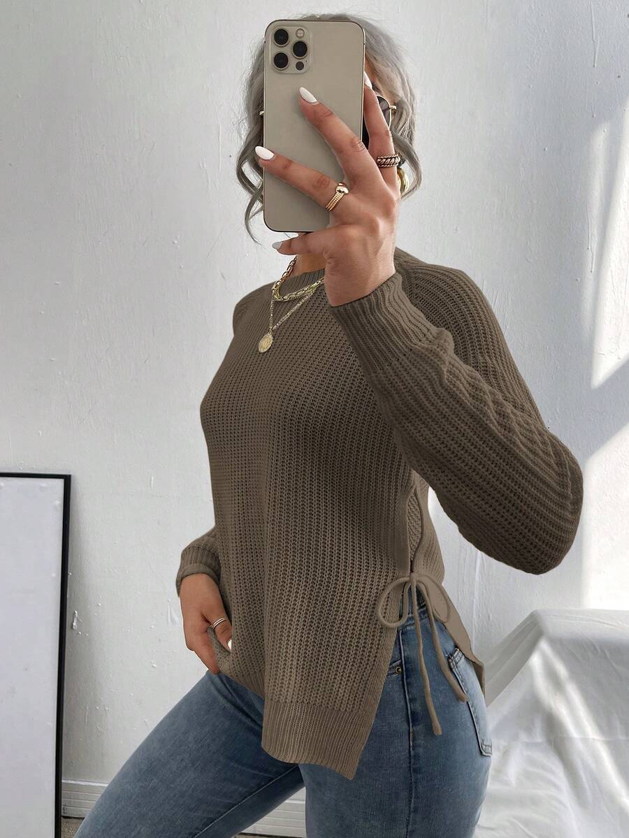 EMERY ROSE Solid Color Knotted Crew Neck Casual Versatile Long Sleeve Pullover Sweater - Mocha Brown - View 1