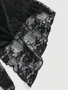 ROMWE Goth Top de camisola de contraste de encaje de terciopelo oscuro de Halloween combinado con falda de cola de pez - Negro - Ver 6