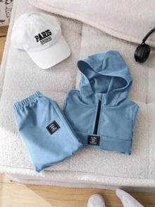 SHEIN Bộ 2 áo hoodie dệt kim trang trí màu xanh cho bé trai và quần cạp chun, trang phục thể thao thường ngày phù hợp mặc ngoài trời và trong nhà, mùa thu/đông - Màu xanh lam - Xem 5