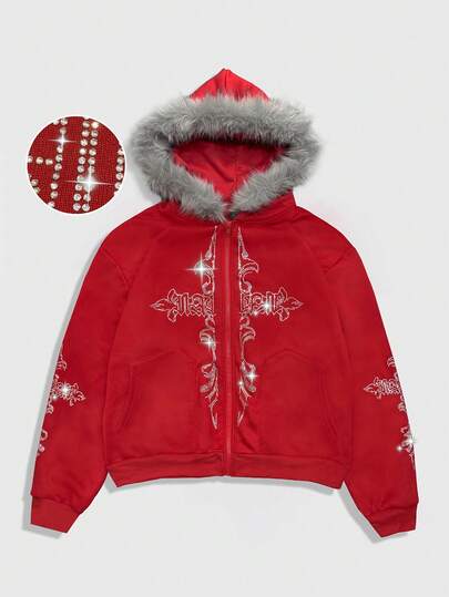 Goth Sudadera con capucha de piel sintética con decoración de rhinestones para hombre
