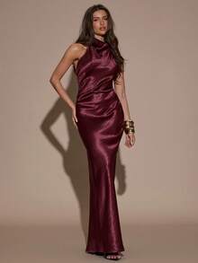 SHEIN BAE 勃艮第缎面露背连衣裙，优雅性感，适合鸡尾酒会、浪漫约会、秋冬分层穿着、派对、正式聚会、万圣节、圣诞节 - 紅色 - 查看 2