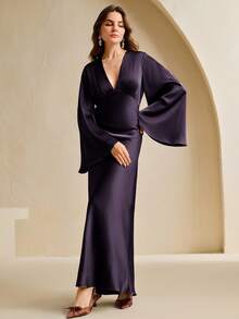 Anewsta 新款V领褶皱腰身修身长袖连衣裙，时尚优雅，适合节日、婚礼、春季、夏季、情人节、度假等场合。 - 紫色 - 查看 5