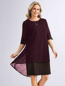 Miaspire Elegant Solid Color Chiffon Mid-Length Dress For Women, Spring/Summer - Brown - View 7