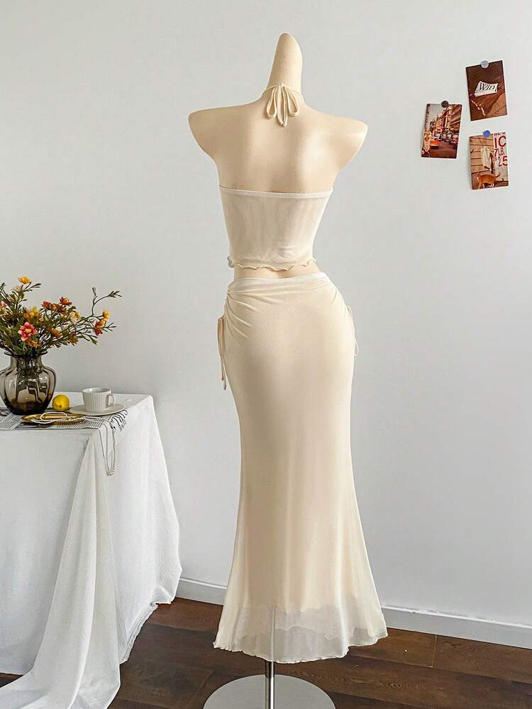 Soleia New Vacation Western Beach Wedding Guest Attire, Graduation Brunch, St. Patrick's Day, Spring Break, Easter, Music Festival, Elegant Bohemian Tropical Strapless Sleeveless Mesh Ruffle Hem Two Pieces Set Bride - Beige - View 2