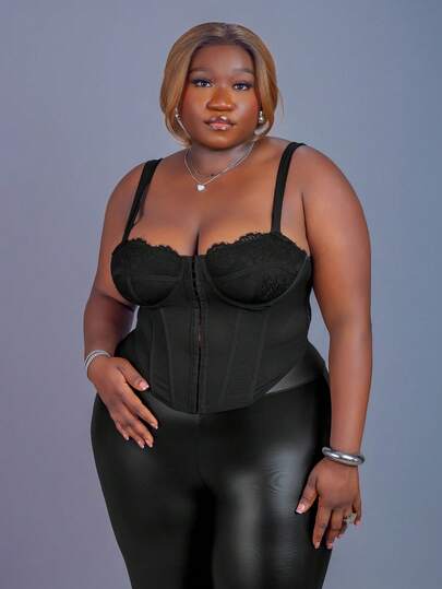 CurvyTilda Tapa Del Bustier De La Camisola Con Panel De Encaje De Talla Grande, Color Sólido