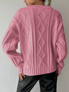 EURMUSE 1pc Women Solid Color Round Neck Long Sleeve Simple Sweater, Casual For Daily Wear - Pink - View 2