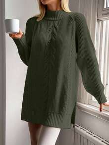 Women's Stand Collar Long Sleeve Cable Pattern Mini Sweater Dress