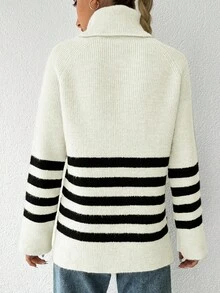 EURMUSE Women's Striped High Neck Raglan Sleeves Sweater - White - View 2