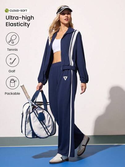 CourtClass 女式拼色条纹拉链夹克，网球、高尔夫休闲运动服，四季女士运动服，女士慢跑服