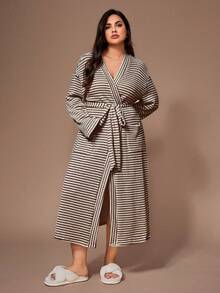 Lazeform Plus Size Women Casual Striped Jacquard Knit Long Sleeve Robe, Winter Night Robe Women Curve Robe Robe Long Sleeve - Brown - View 5
