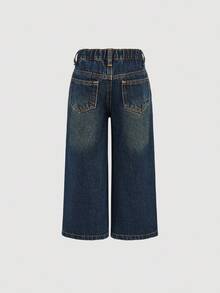 SHEIN Quần jean denim ống rộng màu xanh dương rộng rãi cho bé gái, quần denim mỏng ống rộng phong cách Boho mùa hè - Rửa tối - Xem 2