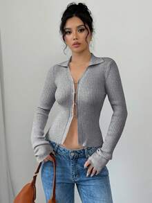 Selianne Cárdigan de punto ajustado con botones delanteros, mangas acampanadas y cuello sólido - Gris - Ver 4