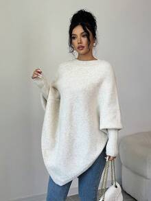 Elenzga Women's Asymmetrical Hem Oversized Crew Neck Pullover Sweater, Relaxed Fit, Soft & Comfortable Wool Blend, Suitable For Autumn/Winter - Apricot - View 4