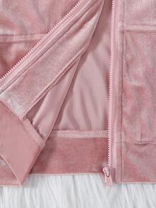 SHEIN Explorewe 2件套粉色女童韩版毛绒面料柔软长袖外套和配套粉色裤子，前拉链设计方便穿着，落肩款式，优质亲肤面料，适合春季、秋季、冬季、圣诞节、万圣节 - 粉色 - 查看 3
