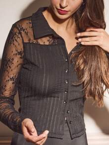 lacRébo 长袖黑色纹理面料纽扣前襟衬衫，带蕾丝花边 - 黑色 - 查看 4