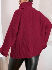 EURMUSE Women's Plus Size Solid Color Ribbed Knit Loose Turtleneck Sweater, Autumn/Winter - Red - View 2
