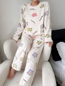 SHEIN Ensemble pyjama femme à manches longues avec imprimé floral confortable et pantalon, vêtements d'hiver, moelleux - Blanc - Voir 6