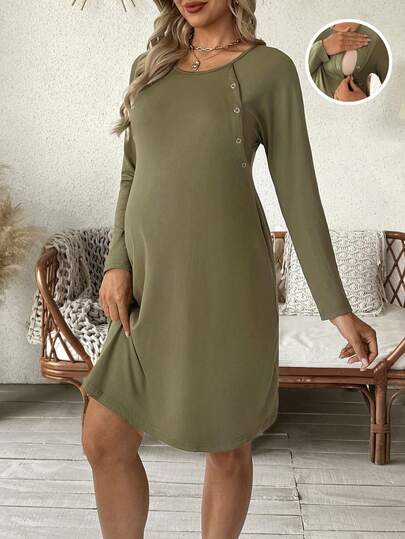 SHEIN 孕妇及哺乳休闲纯色圆领长袖连衣裙，秋季
