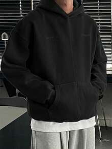 DAZY 男士字母刺绣设计保暖内衬连帽衫，秋冬 - 黑色 - 查看 4