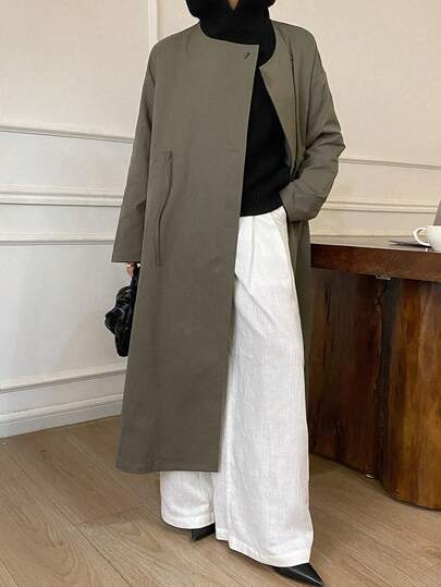 DAZY 女士宽松纯色圆领系带长袖休闲优雅风衣，秋冬款