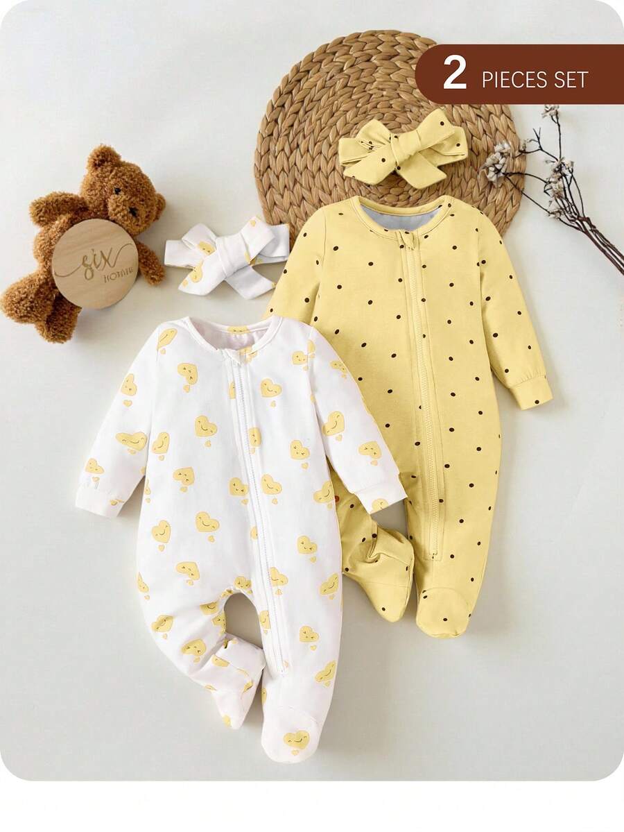 4pcs Newborn Baby Girl Cute Simple Heart & Polka Dot Pattern Long Sleeve Zipper Romper, Soft & Skin-Friendly Pajama Set With Bow Headband Graphic Fall Winter
