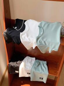 6pcs/Set Baby Boy/Girl Cute Solid Color Letter Print Short Sleeve T-Shirt & Elastic Waist Shorts 6pcs Basic Outfit Set, Spring/Summer - Multicolor - View 3