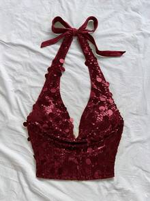 Soleia Áo cánh thắt nút cổ yếm sequin xanh lá cây mới, thích hợp cho tiệc trà chiều, dạo phố, nghỉ dưỡng, mặc nhiều lớp, tiệc tùng vào mùa thu/đông - Màu Đỏ Sâu - Xem 3