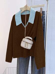 Franclia V-Neck 2 In 1 Long Sleeve Sweater, Autumn/Winter - Chocolate Brown - View 8
