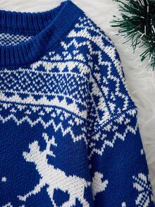男士藏蓝色底白色驯鹿图案圆领长袖毛衣，冬季 - 藏蓝色 - 查看 5