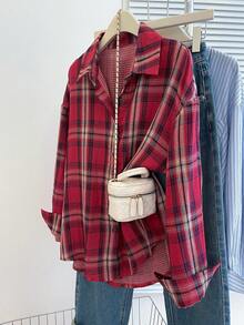 Airaco Camisa holgada casual a cuadros, favorecedora - Rojo - Ver 3