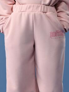 SUMWON Tween Girls Boston Print Hoodie Sweatpants Co-Ord Set Oversized Casual Wear Pink Matching Two Piece Outfit With Drawstring Hood - Apricot - View 6