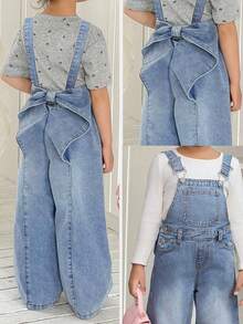 SHEIN 少女蓝色牛仔宽松工装裤，后腰饰有蝴蝶结 - 淺色水洗藍 - 查看 1