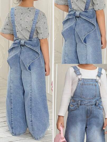 SHEIN 少女蓝色牛仔宽松工装裤，后腰饰有蝴蝶结