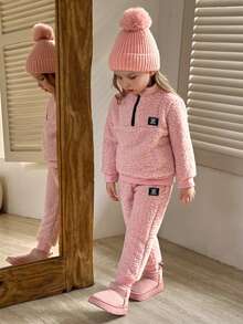 Winter Set Pink 2pcs Girls Autumn/Winter Furry Set, Including Stand Collar Half-Zip Jacket With Black Emblem On Pink Top; Matching Elastic Cuff Pants, Relaxed Fit For Everyday, Outdoor, School Wear Comfortable Fashion Cute Mischievous - Pink - View 1