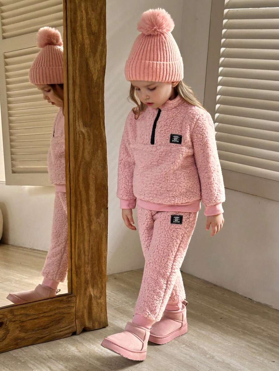 Winter Set Pink 2pcs Girls Autumn/Winter Furry Set, Including Stand Collar Half-Zip Jacket With Black Emblem On Pink Top; Matching Elastic Cuff Pants, Relaxed Fit For Everyday, Outdoor, School Wear Comfortable Fashion Cute Mischievous - Pink - View 1