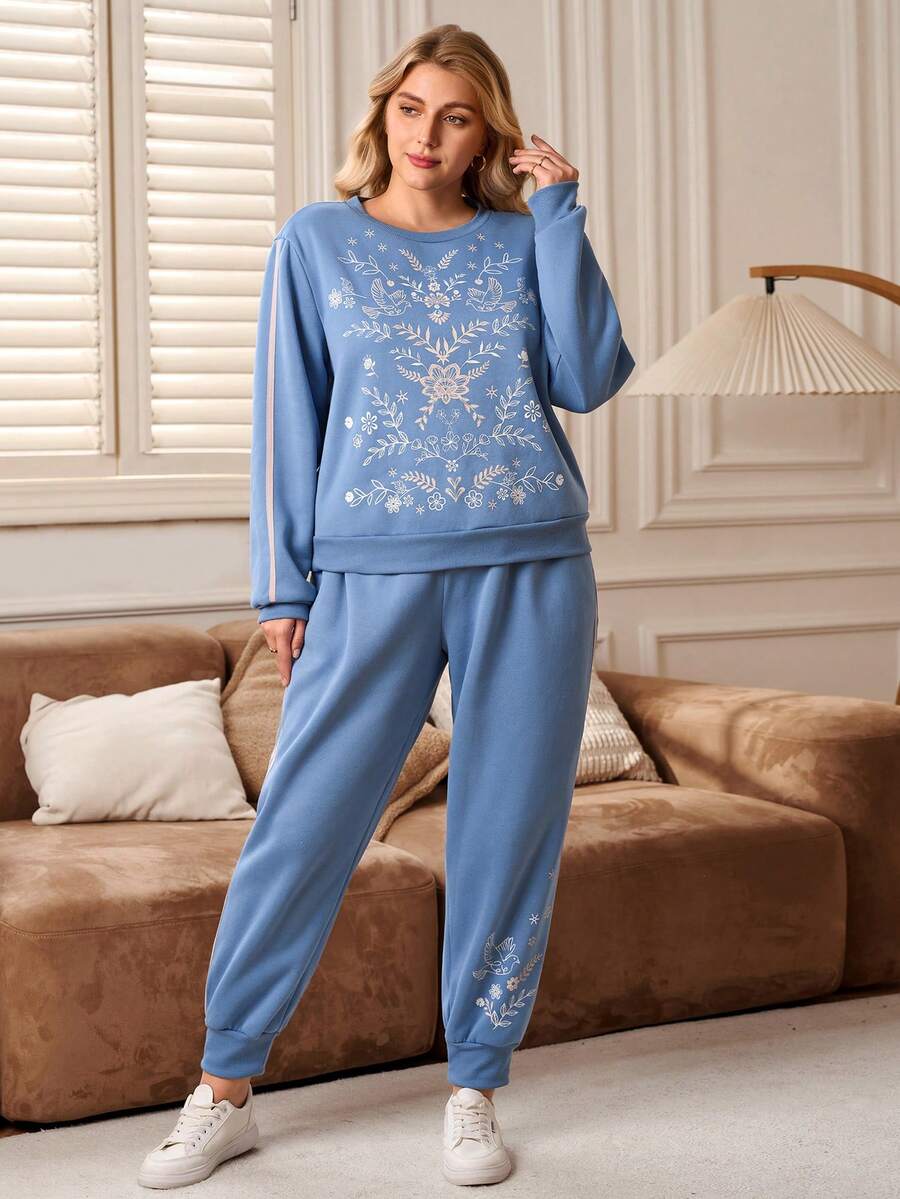 Rosumi Plus Size Floral Print Sweatshirt And Sweatpants 2 Pieces Set, Casual For Autumn/Winter Loungewear Women New Year Clothes  Stylish Clothing Collection Elegant Party Clothes For New Year Christmas Clothes For Women  Winter Clothes For Women - Blue - View 1