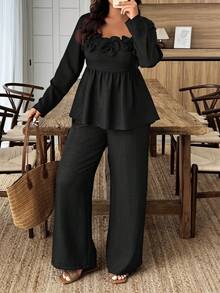 Weeklong 2pcs Plus Size Square Neck Ruffle Hem Floral Decor Top And Pants Set Fall - Black - View 6