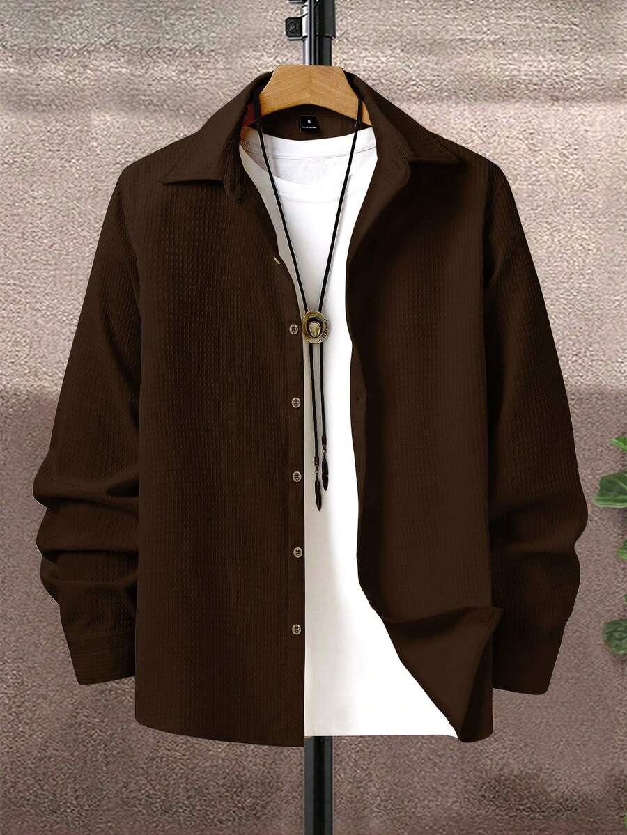 Calvornis Men's Plain Long Sleeve Shirt, Fall - Rust Brown - View 1