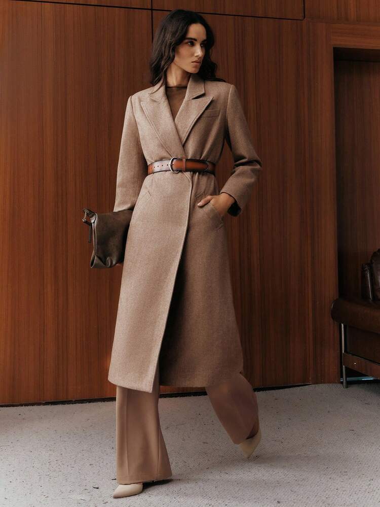 女性用エレガントなベルト付き ロング ウール混コート、秋、冬、外出、フォーマル、パーティー、シック、新年に活躍する多用途でファッショナブル