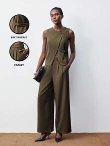 Maija 2件套女士休闲无袖上衣和阔腿裤套装 - 棕色 - 查看 9