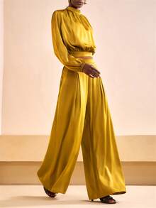 Zivah 20  Winter New Arrivals - Global Carnival Season: Christmas, New Year, Valentine's Day, Parties, Evenings, Dates, Gatherings, Birthday Parties, Preppy Style, Student Wear, Everyday Outings, Basic And Versatile, Casual, Cruise Travel, Influencer Hot Item, Elegant, Commuter, Business Casual, Simple, Stand Collar Long Sleeve, Gathered Cropped Women's Top + Racer Pleated Straight Leg Trousers, With Pockets And Zipper, Mustard Yellow Satin Shimmering Fabric, Autumn/Winter Set, Commuter Set, Party Set, Cocktail Party Set, Yellow Set, Elegant Set, Women's Two-Piece Set - Mustard Yellow - View 5