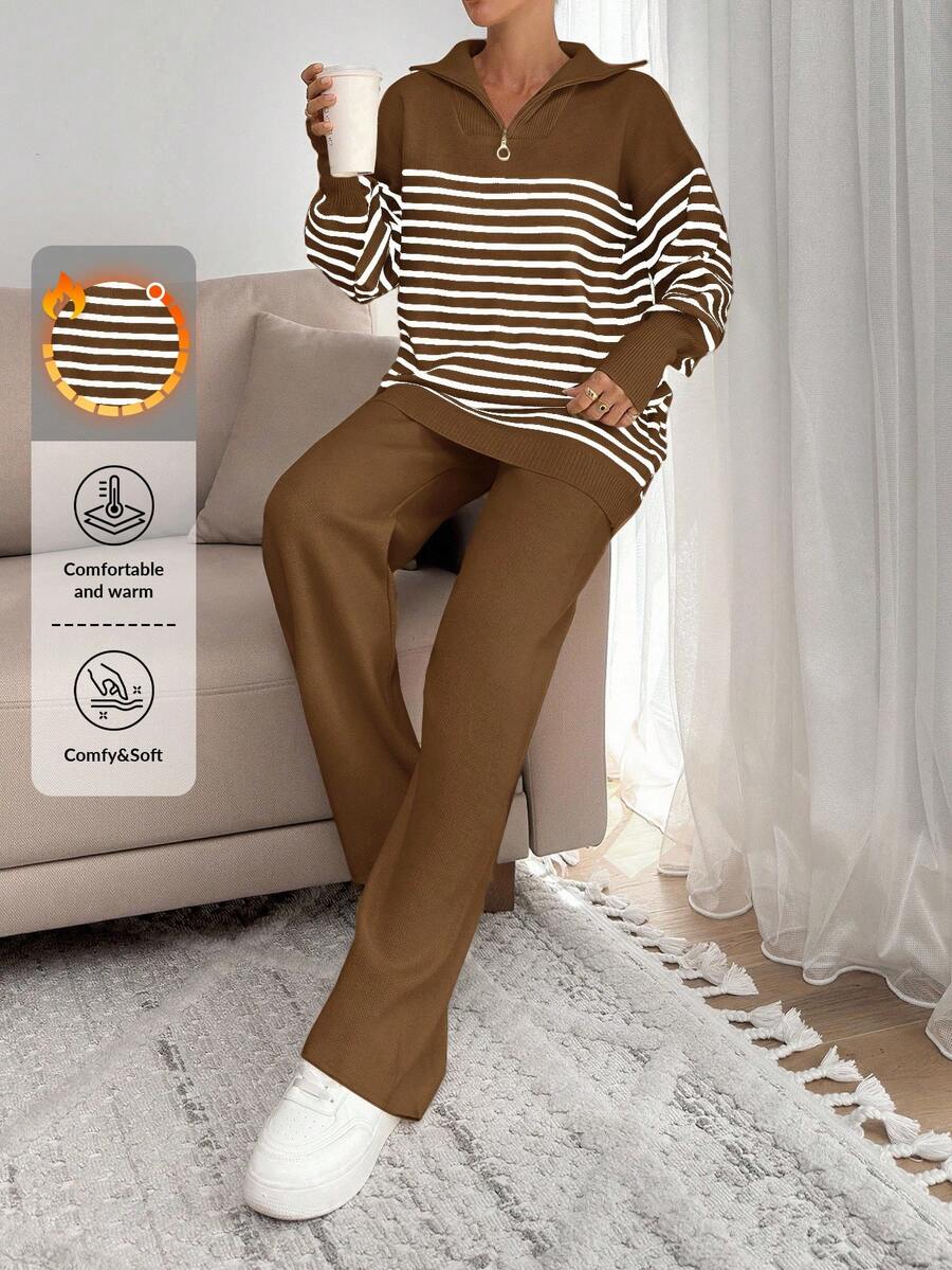 EURMUSE Women Stripe Pattern Zip Detailed Neck Drop Shoulder Pullover & Sweater Pants Set - Brown - View 1