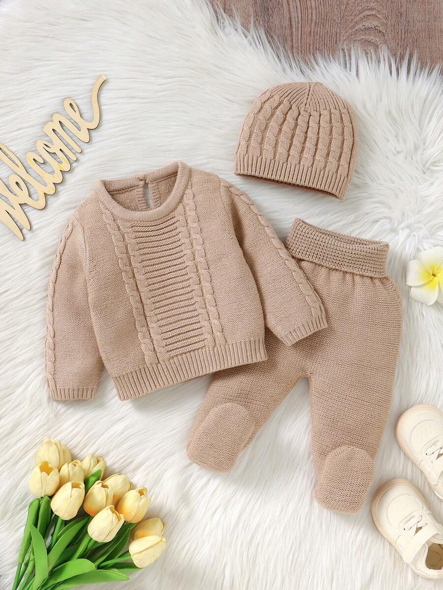 SHEIN Vintaside Kids 2 件套新生儿幼儿男女款蓝色纯色休闲可爱柔软舒适日式长袖毛衣和裤子套装,适合日常穿着、外出、秋冬 - 卡其色 - 查看 1