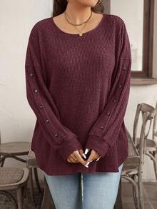 EMERY ROSE T-shirt à manches longues côtelé de couleur unie pour femmes grandes tailles - Rouge foncé - Voir 6