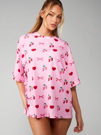 Missguided x Playboy Christmas Oversized Cherry Print Sleep Shirt With Bows